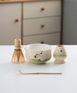 Beige Cat Hand-painted Ceramic Matcha Bowl Set with Bamboo Whisk & Holder, 450ml Starter Kit