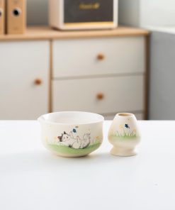 Beige Cat Hand-painted Ceramic Matcha Bowl Set with Bamboo Whisk & Holder, 450ml Starter Kit