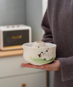 Beige Cat Hand-painted Ceramic Matcha Bowl Set with Bamboo Whisk & Holder, 450ml Starter Kit