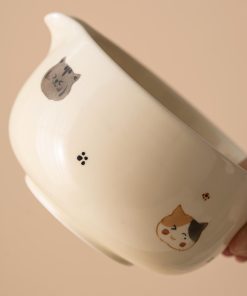 Beige Cat Hand-painted Ceramic Matcha Bowl Set with Spout, Bamboo Whisk & Holder, 450ml Gift Kit