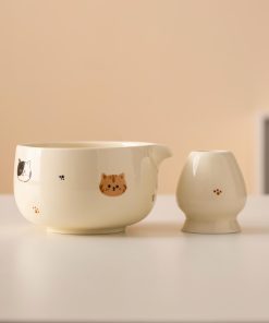 Beige Cat Hand-painted Ceramic Matcha Bowl Set with Spout, Bamboo Whisk & Holder, 450ml Gift Kit