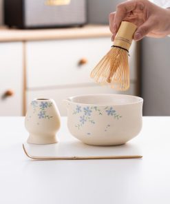 Beige Flower Hand-painted Ceramic Matcha Bowl Set with Bamboo Whisk & Holder, 450ml Starter Kit