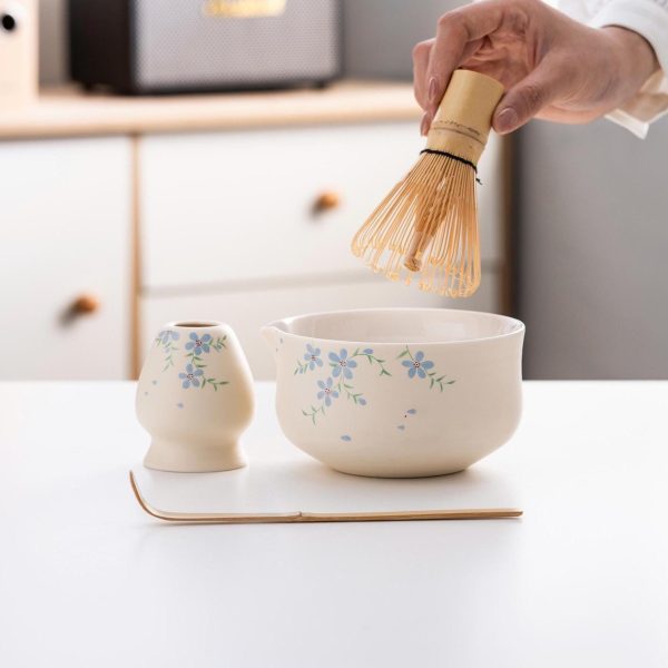 Beige Flower Hand-painted Ceramic Matcha Bowl Set with Bamboo Whisk & Holder, 450ml Starter Kit