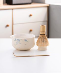 Beige Flower Hand-painted Ceramic Matcha Bowl Set with Bamboo Whisk & Holder, 450ml Starter Kit