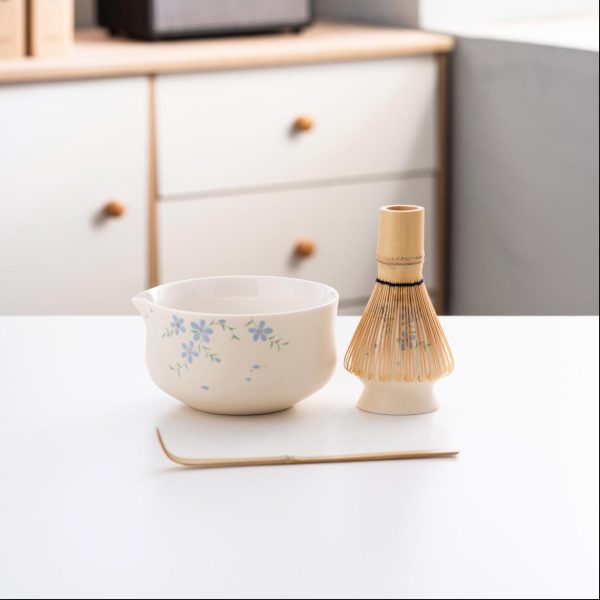 Beige Flower Hand-painted Ceramic Matcha Bowl Set with Bamboo Whisk & Holder, 450ml Starter Kit