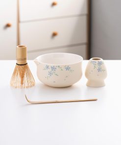 Beige Flower Hand-painted Ceramic Matcha Bowl Set with Bamboo Whisk & Holder, 450ml Starter Kit