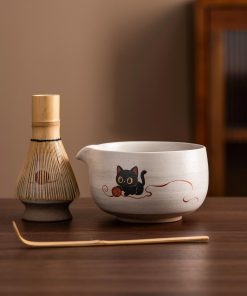 Black Black Cat Cat Ceramic Matcha Bowl Set, 450ml Starter Kit