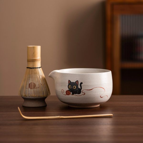 Black Black Cat Cat Ceramic Matcha Bowl Set, 450ml Starter Kit