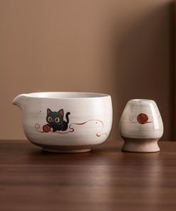Black Black Cat Cat Ceramic Matcha Bowl Set, 450ml Starter Kit