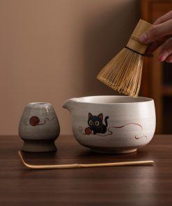 Black Black Cat Cat Ceramic Matcha Bowl Set, 450ml Starter Kit