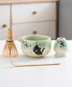Black Black Cat Cat Ceramic Matcha Bowl Set with Bamboo Whisk, 450ml Gift Kit