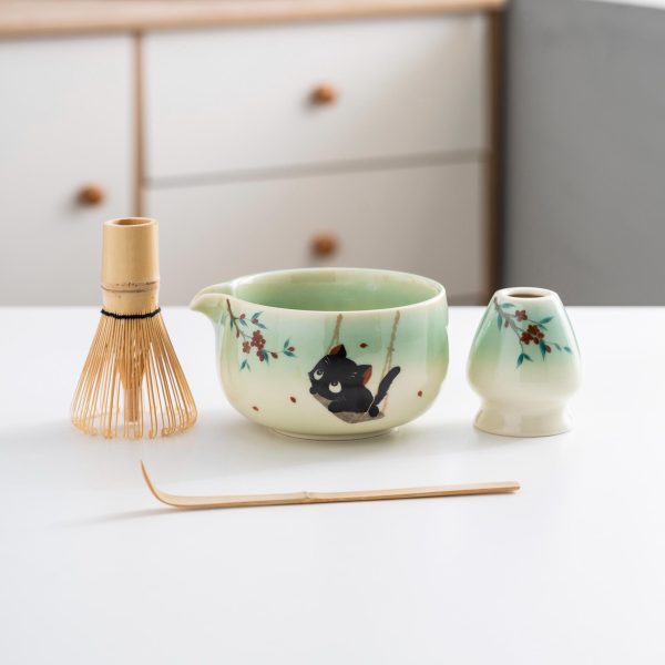 Black Black Cat Cat Ceramic Matcha Bowl Set with Bamboo Whisk, 450ml Gift Kit