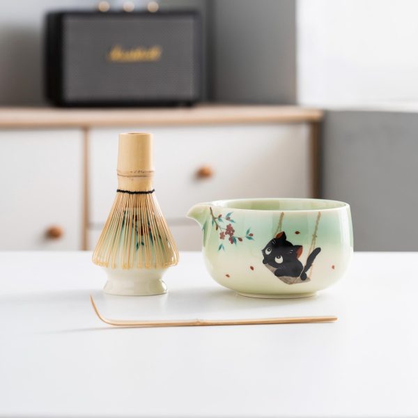 Black Black Cat Cat Ceramic Matcha Bowl Set with Bamboo Whisk, 450ml Gift Kit
