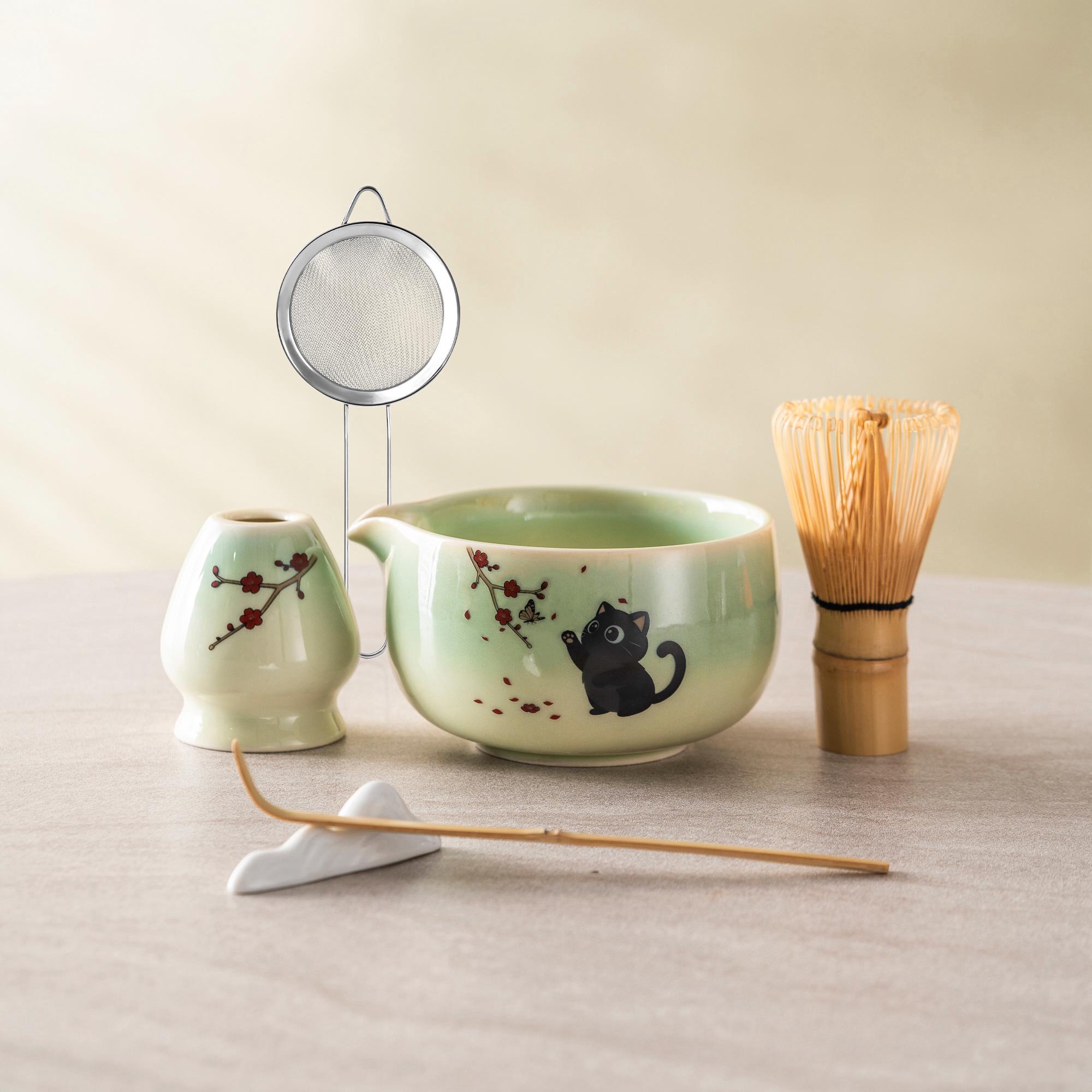 Black Black Cat Cat Ceramic Matcha Bowl Set with Bamboo Whisk, 450ml Starter Kit