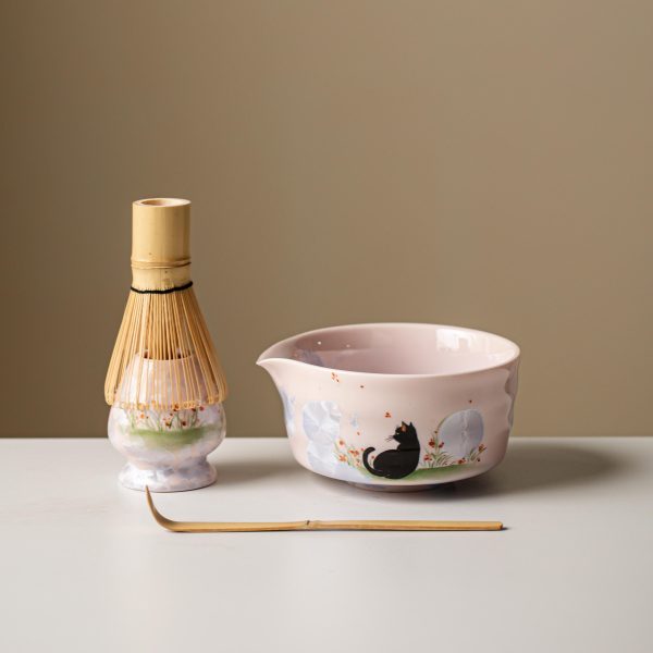 Black Black Cat Cat Ceramic Matcha Bowl Set with Bamboo Whisk & Holder, 450ml Starter Kit