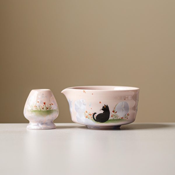 Black Black Cat Cat Ceramic Matcha Bowl Set with Bamboo Whisk & Holder, 450ml Starter Kit