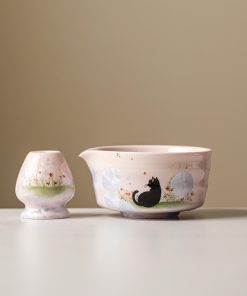 Black Black Cat Cat Ceramic Matcha Bowl Set with Bamboo Whisk & Holder, 450ml Starter Kit