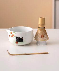 Black Black Cat Cat Ceramic Matcha Bowl Set with Spout, Bamboo Whisk & Holder, 450ml Starter Kit