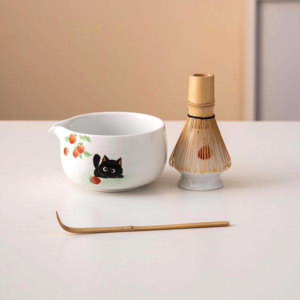 Black Black Cat Cat Ceramic Matcha Bowl Set with Spout, Bamboo Whisk & Holder, 450ml Starter Kit