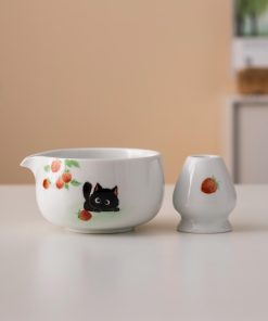 Black Black Cat Cat Ceramic Matcha Bowl Set with Spout, Bamboo Whisk & Holder, 450ml Starter Kit
