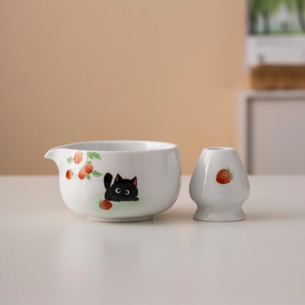 Black Black Cat Cat Ceramic Matcha Bowl Set with Spout, Bamboo Whisk & Holder, 450ml Starter Kit