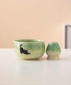 Black Black Cat Cat Ceramic Matcha Bowl Set with Spout, Bamboo Whisk & Holder, 450ml Starter Kit