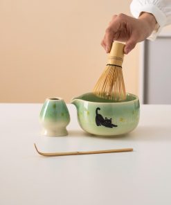 Black Black Cat Cat Ceramic Matcha Bowl Set with Spout, Bamboo Whisk & Holder, 450ml Starter Kit