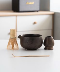 Black Ceramic Matcha Bowl Set with Bamboo Whisk, 450ml Starter Kit