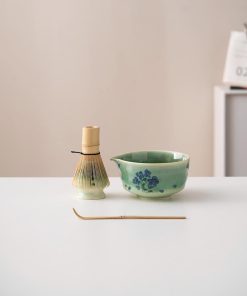 Blue Green Flower Ceramic Matcha Bowl Set with Bamboo Whisk & Holder, 450ml Starter Kit
