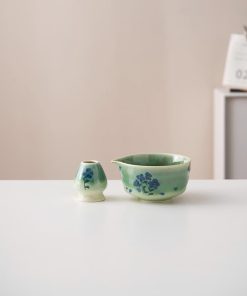 Blue Green Flower Ceramic Matcha Bowl Set with Bamboo Whisk & Holder, 450ml Starter Kit