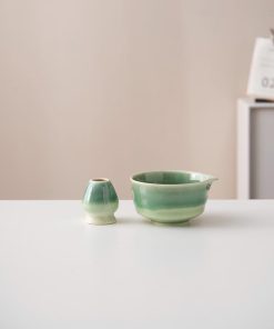 Blue Green Flower Ceramic Matcha Bowl Set with Bamboo Whisk & Holder, 450ml Starter Kit