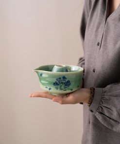 Blue Green Flower Ceramic Matcha Bowl Set with Bamboo Whisk & Holder, 450ml Starter Kit