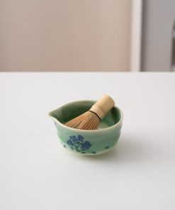 Blue Green Flower Ceramic Matcha Bowl Set with Bamboo Whisk & Holder, 450ml Starter Kit