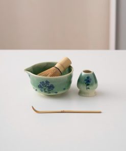 Blue Green Flower Ceramic Matcha Bowl Set with Bamboo Whisk & Holder, 450ml Starter Kit