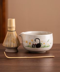 Cat Hand-painted Ceramic Matcha Bowl Set, 450ml Starter Kit