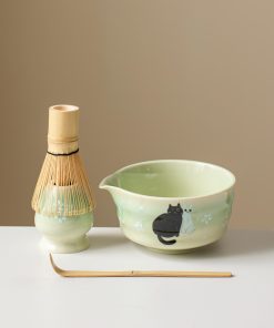 Cat Hand-painted Ceramic Matcha Bowl Set with Bamboo Whisk & Holder, 450ml Starter Kit