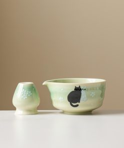 Cat Hand-painted Ceramic Matcha Bowl Set with Bamboo Whisk & Holder, 450ml Starter Kit