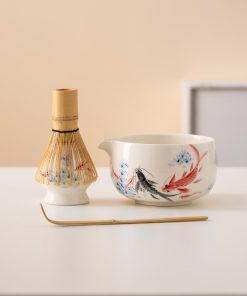 Fish Hand-painted Ceramic Matcha Bowl Set with Spout, Bamboo Whisk & Holder, 450ml Starter Kit