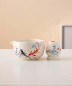 Fish Hand-painted Ceramic Matcha Bowl Set with Spout, Bamboo Whisk & Holder, 450ml Starter Kit