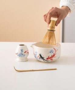 Fish Hand-painted Ceramic Matcha Bowl Set with Spout, Bamboo Whisk & Holder, 450ml Starter Kit