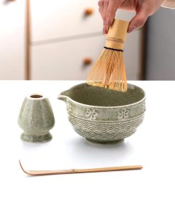 Floral Ceramic Matcha Bowl Set with Bamboo Whisk & Holder, 420ml Starter Kit