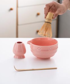 Floral Ceramic Matcha Bowl Set with Bamboo Whisk & Holder, 420ml Starter Kit