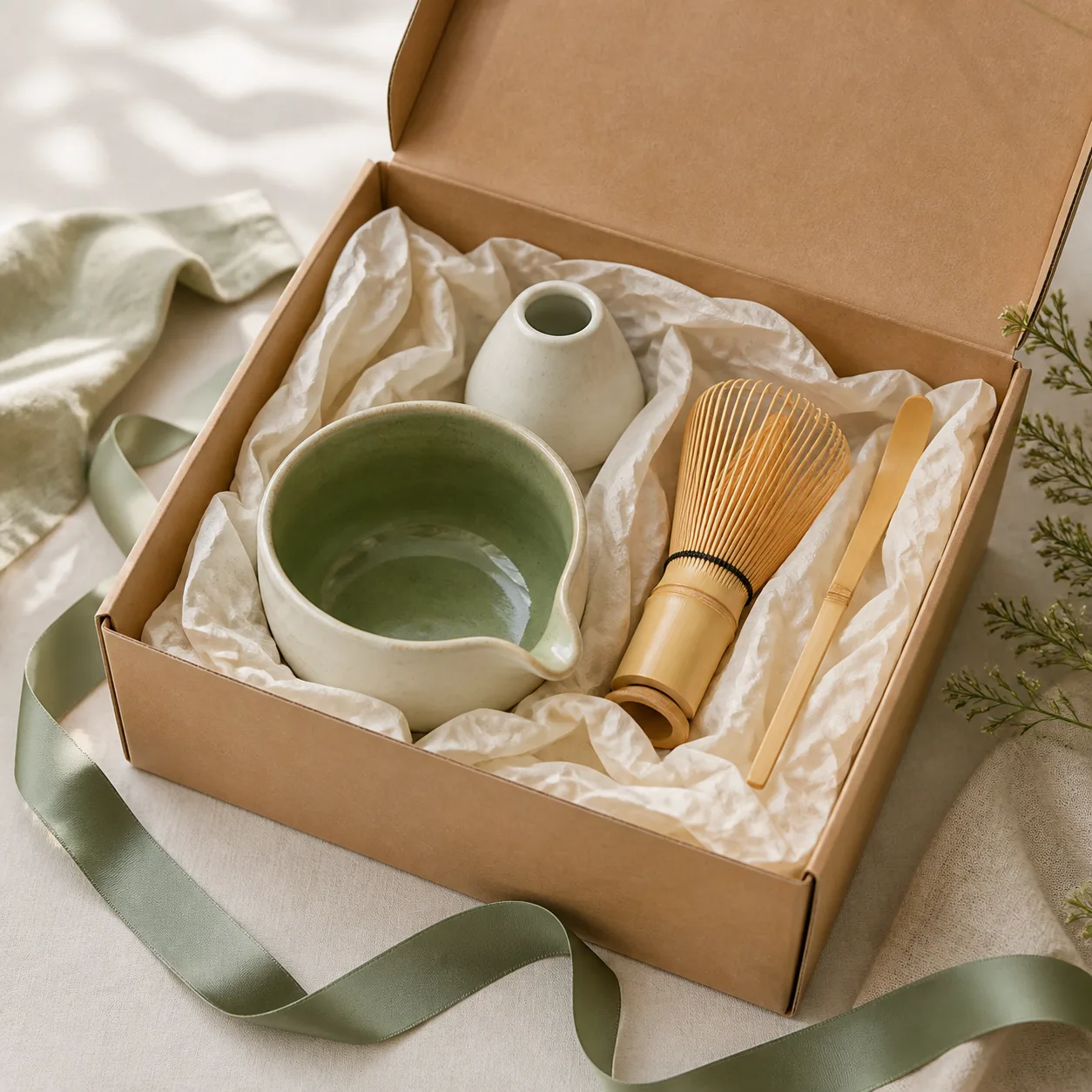 Gift-ready ceramic matcha set in open box