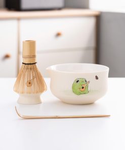 Green Beige Hand-painted Ceramic Matcha Bowl Set with Bamboo Whisk & Holder, 450ml Starter Kit