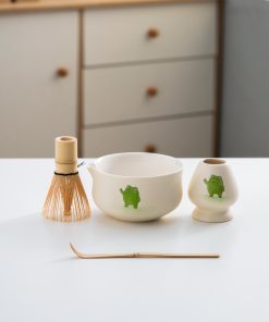 Green Beige Hand-painted Ceramic Matcha Bowl Set with Bamboo Whisk & Holder, 450ml Starter Kit