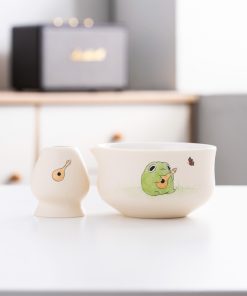 Green Beige Hand-painted Ceramic Matcha Bowl Set with Bamboo Whisk & Holder, 450ml Starter Kit