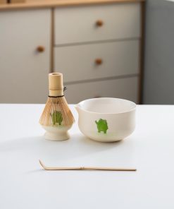 Green Beige Hand-painted Ceramic Matcha Bowl Set with Bamboo Whisk & Holder, 450ml Starter Kit