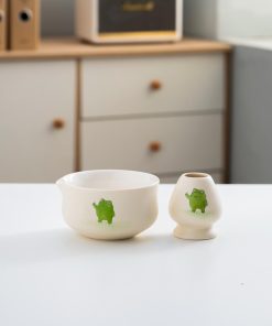 Green Beige Hand-painted Ceramic Matcha Bowl Set with Bamboo Whisk & Holder, 450ml Starter Kit