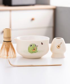 Green Beige Hand-painted Ceramic Matcha Bowl Set with Bamboo Whisk & Holder, 450ml Starter Kit