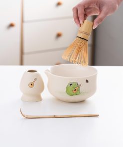 Green Beige Hand-painted Ceramic Matcha Bowl Set with Bamboo Whisk & Holder, 450ml Starter Kit